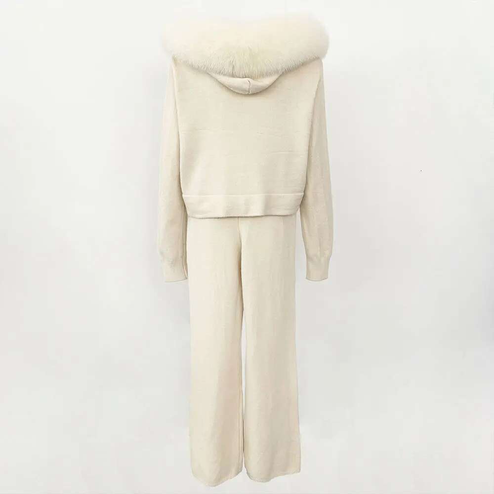 OFTBUY Knitwear Trousers Hooded Jacket With Detachable Fox Collar Fur Coat 2024 Autumn Winter Fashionable Sweater Suit Women