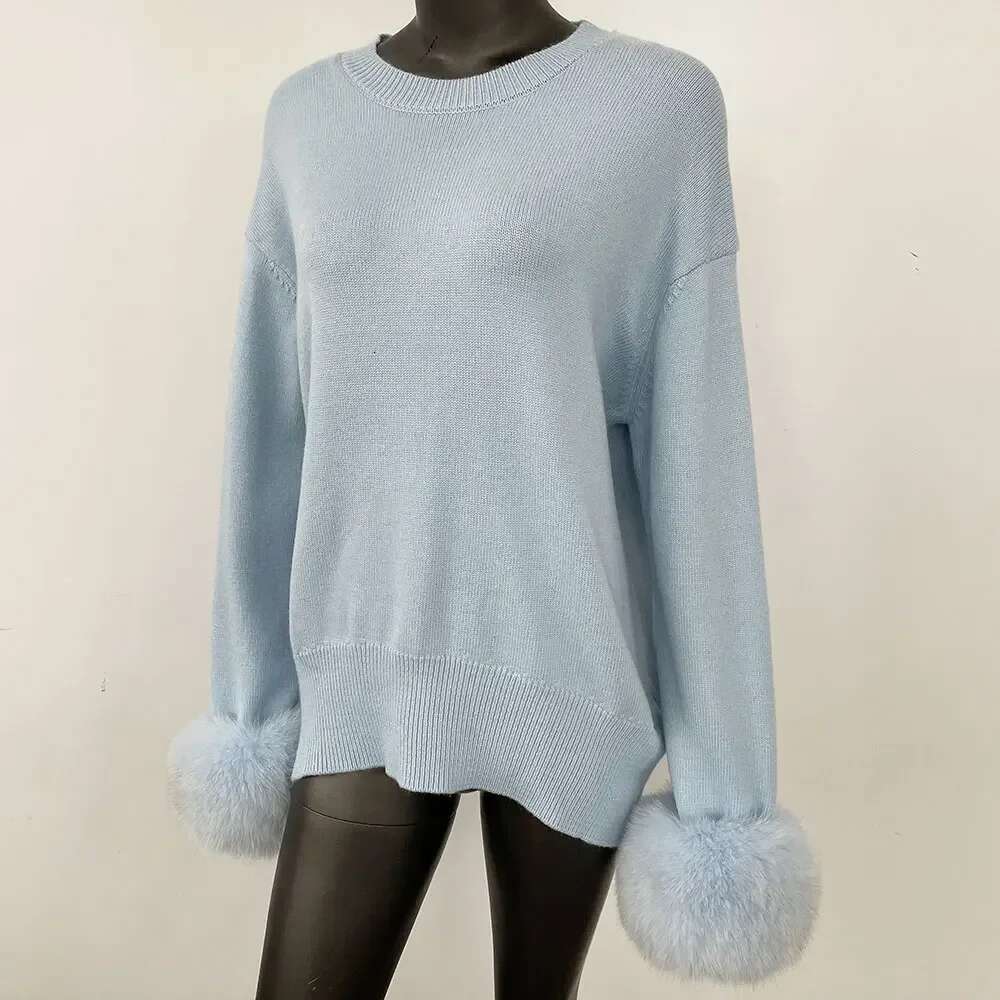 OFTBUY European American New Autumn Winter Knitted O-Neck Loose Solid Color Detachable Real Fox Fur Cuff Sweater 250520