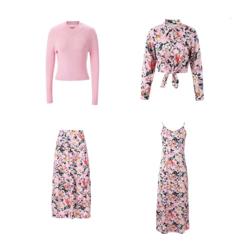 AP 2025Ss Women Floral Satin Slip Dress Light Pink Knitting V-Neck Sweater Elegant Lady Skirt Designer