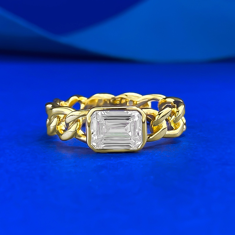 S925 Sterling Silver 5x7 Rectangular Cubic Zirconia Cuban Link Chain Gold Ring, Unique Hollow Design