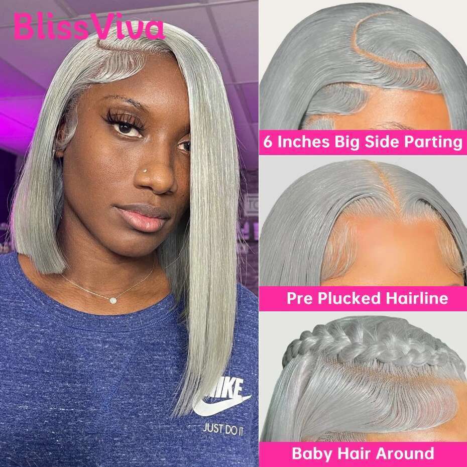 13x6 Short Sier Grey Front Wigs Pre Plucked Ash Gray Blonde 613 Lace Frontal Human Hair Bob Wig