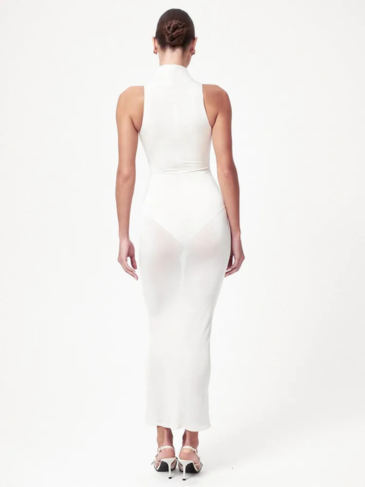 Mozision Summer Fashion Offshoulder Sexy Maxi Dress Women See Through Turtleneck Sleeveless Bodycon Club Beach Long 250520