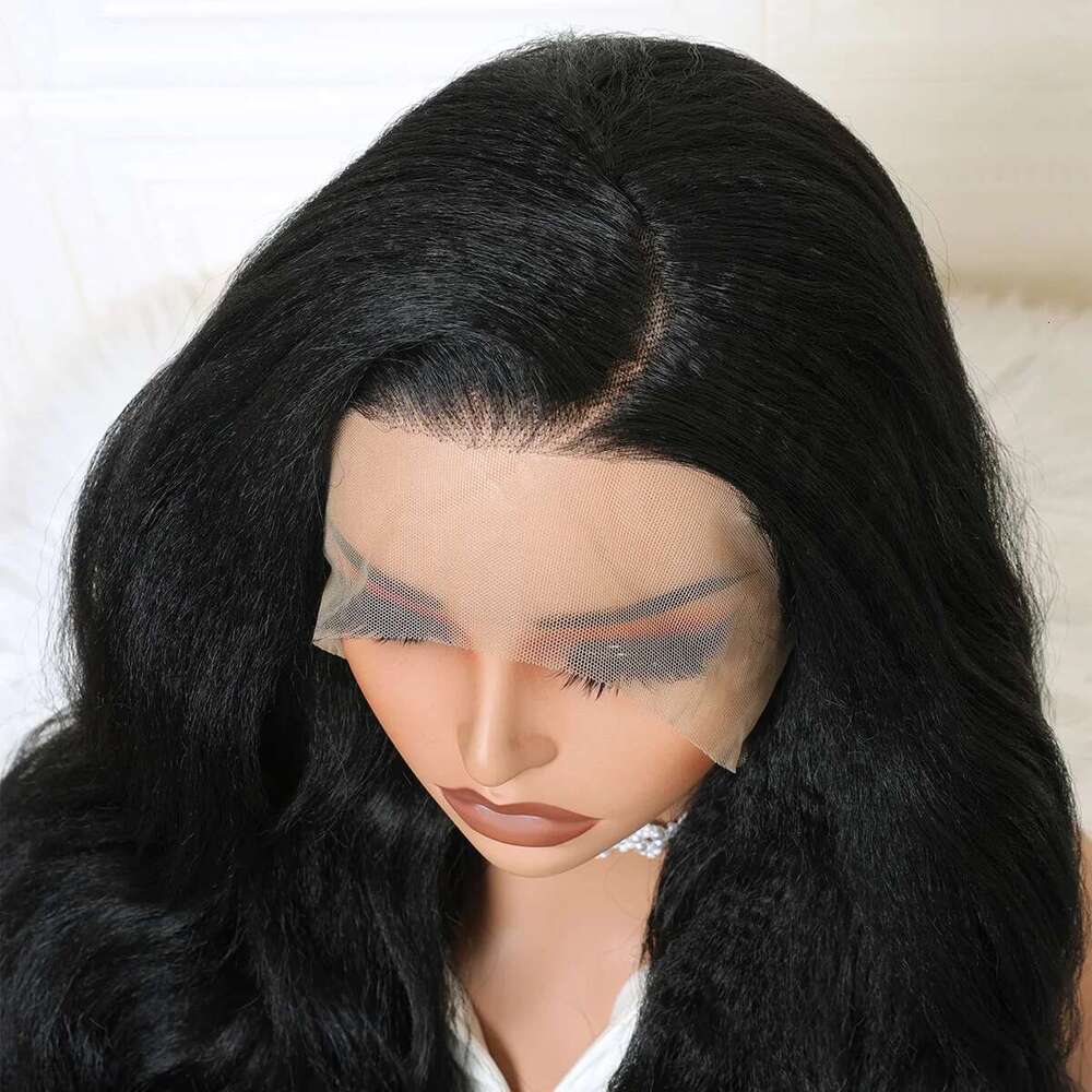 Double Texture Body Wave and Yaki 13x4 Lace Front Wig Kinky Straght 26 Inch 180Density Glueless Synthetic PrePlucked Daily