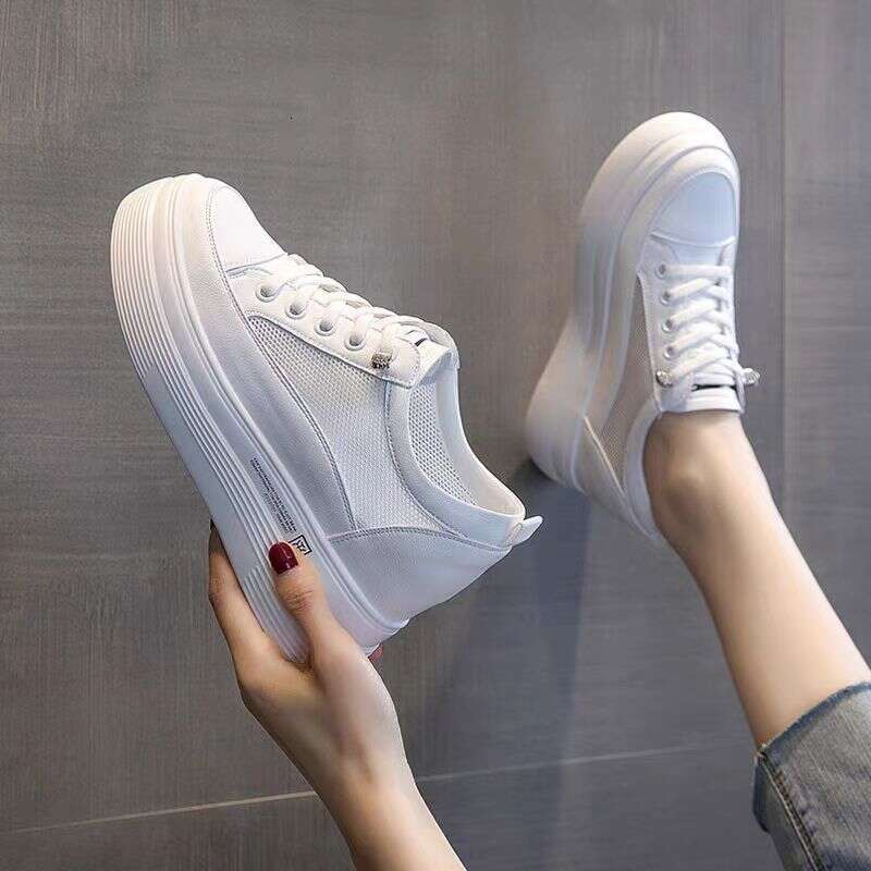 Leather inner height increasing white for women, summer 2025 mesh breathable thick sole versatile small casual board shoes