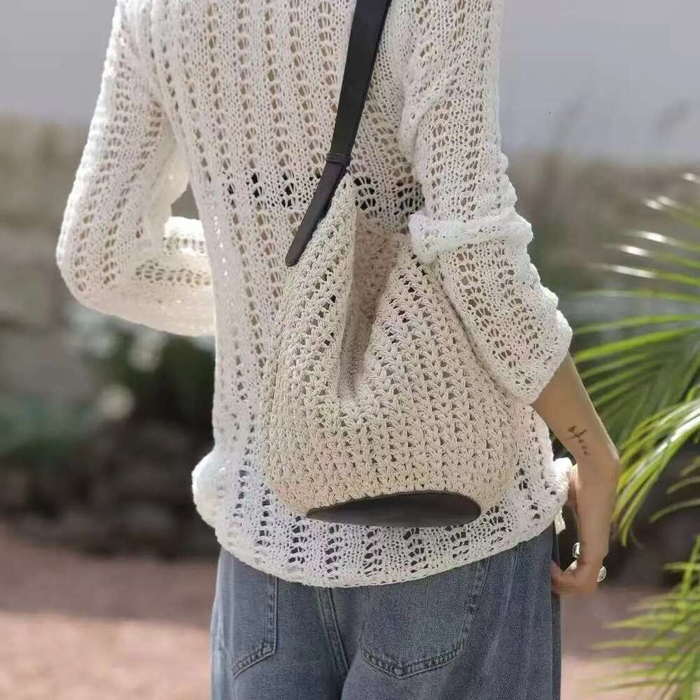Women's Bohemian Beach Bucket Bag - Beige Nylon Drawstring Purse with Hollow Tassels, Waterproof Lightweight & Inner Pock