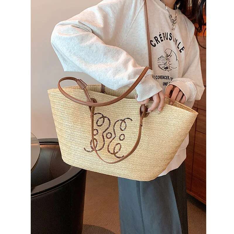 Handheld Straw Woven For Women, Large Capacity Summer Vacation Travel Bucket Commuting Tote Bag, Shopper Bag