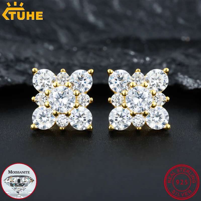 TUHE Unisex Classic Square Earrings Ice Out Silver 925 Moissanite Earrings For Women Jewelry Gift