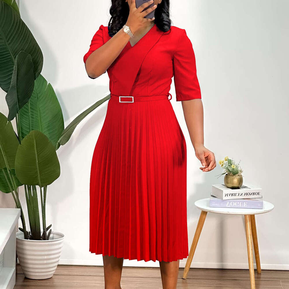 Women's Wear D3296 Women's New Solid Color V-Neck Fashionable Temperament Pleated Dress