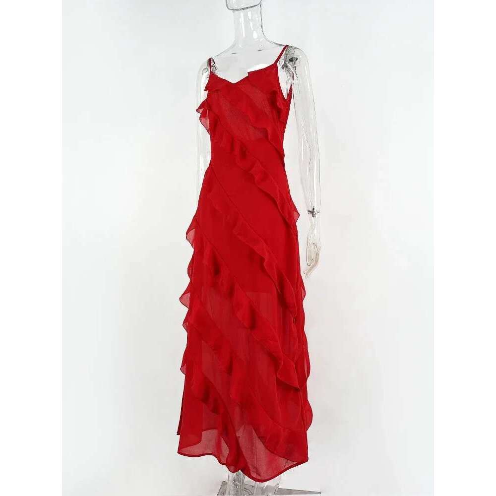 2024 Summer Fashion New Elegant Women's Sexy Chiffon Vacation Sling with Ruffle Edge Style Long Dress