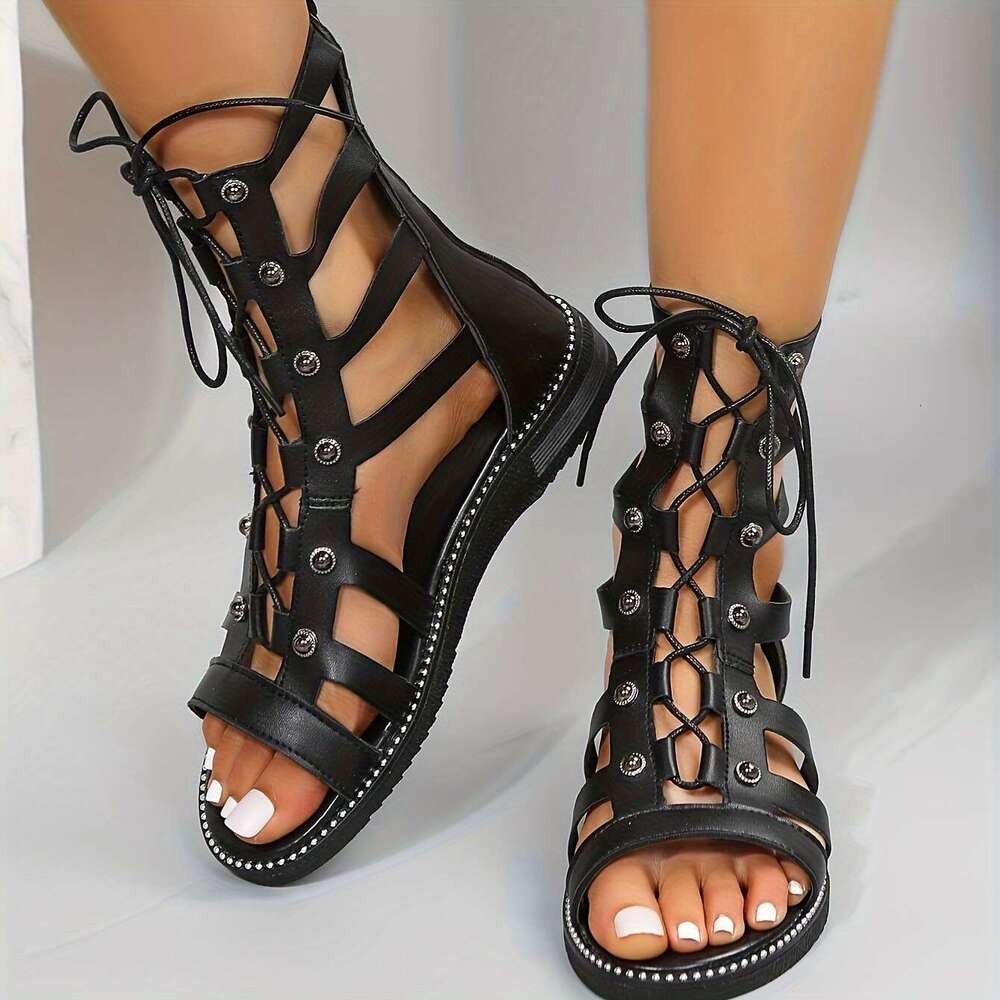 Women's Cutout Design Flat Casual Open Toe Lace Up Sandals, Comfortable Back Zipper Summer Sandals