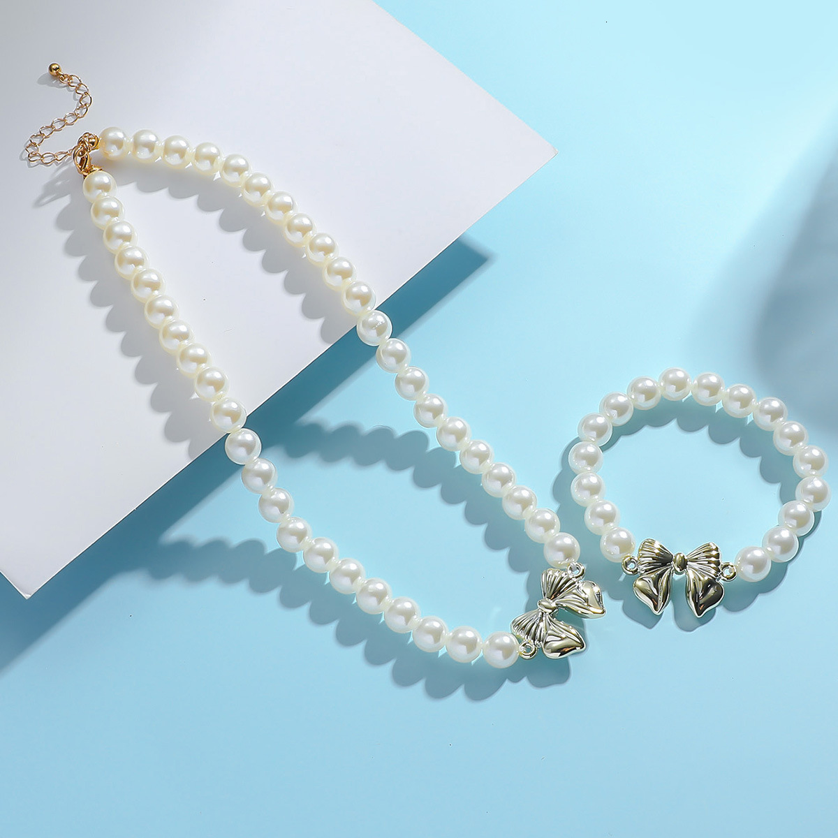 New bow age reducing imitation pearl necklace, version, Korean sweet girl bead necklace set