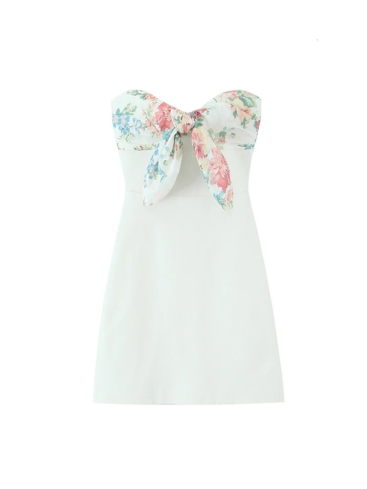 TFMLN Women Sweet Strapless Mini Dress Sleeveless Bow Patchwork n Summer Party Slim Fashion Printed Dresses 250520