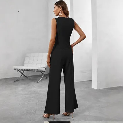 Women Pant Sets Solid V-neck Sleeveless Button Vest Loose Elastic Waist Long Pants Suit 2025 Summer Lady Outfits 250516