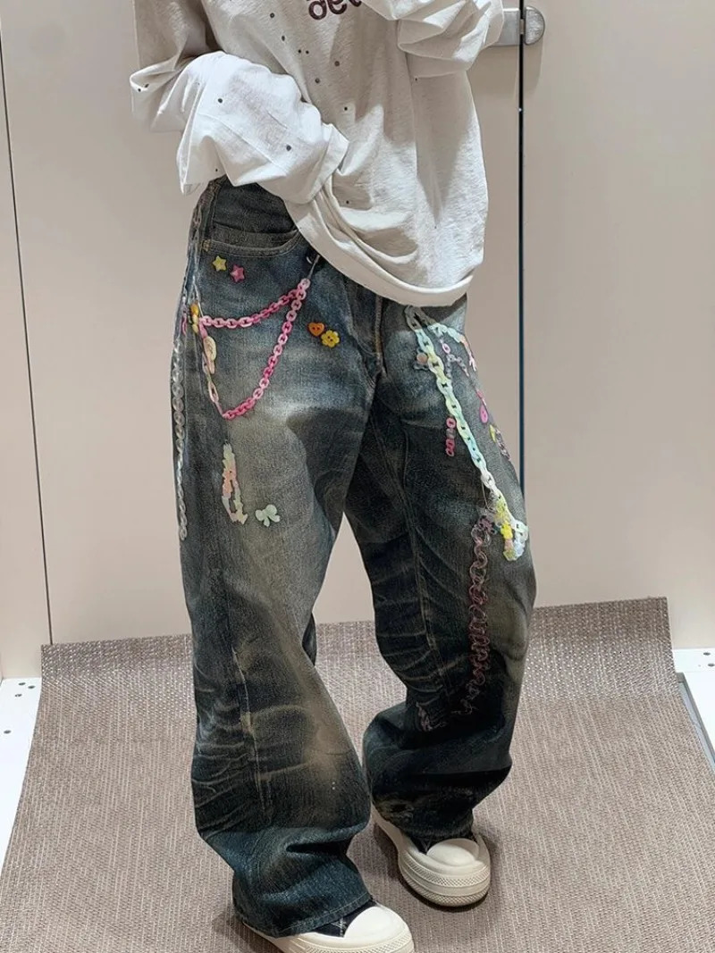 Korean Trendy Harajuku Streetwear Y2K Candy Chain 3D Printed Baggy Jeans Women Hip-hop Retro Punk Straight Wide-leg Pants 250520