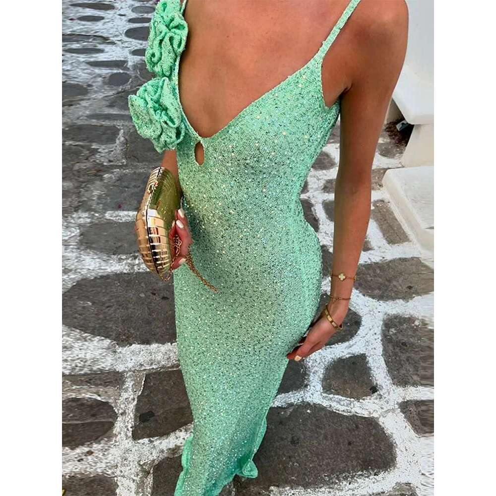 Sexy Sequin 3D Flower Long Beach Dress Women Retro Knitted V-Neck Sleeveless Glitter Sling Dresses Female Chic Holiday Vestidos Designer