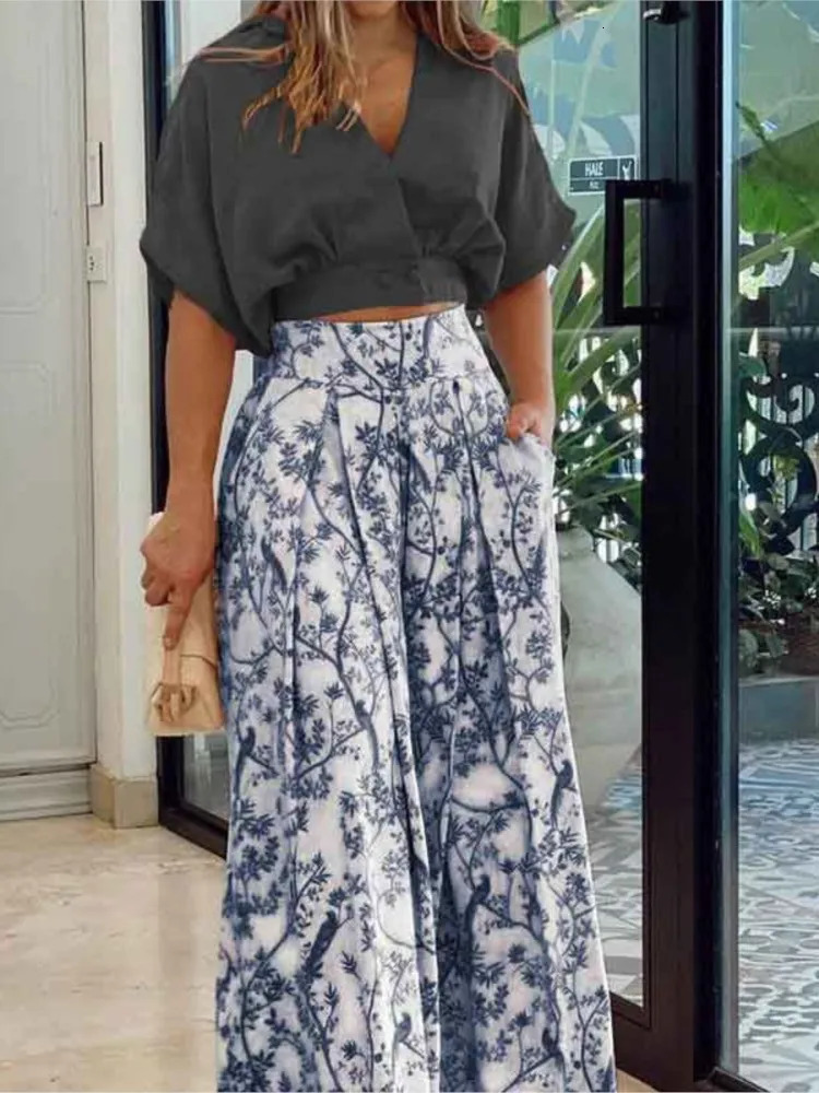 Women Fashion Set Short Sleeve V-Neck Top 2 Piece Sets Lady Casual Pockets Print High Waist Wide Leg Pants Two Piece Sets Summer 250516