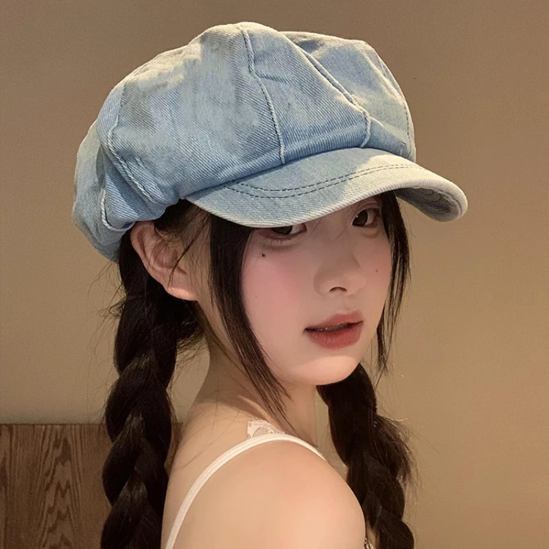 Japanese Niche Striped Retro Washed Denim Berets Cap for Women Spring Summer Literary Versatile Cloud Octagonal Hats 250520