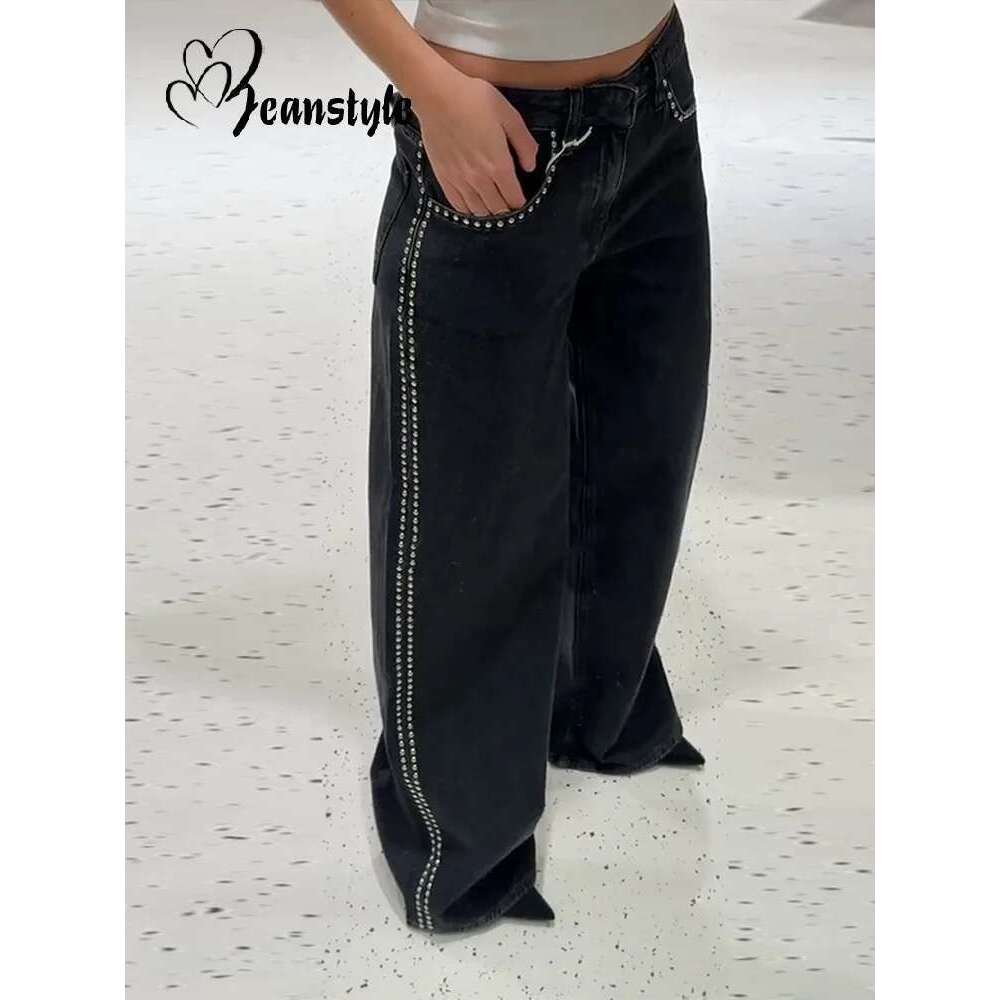 Punk Pant Edge Rivet Women's Jeans Black Denim Loose Straight Mopping Pants Female 2025 Fashion New All-match Lady Trousers