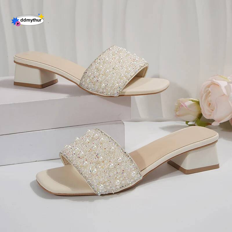 Pearl Decor Chunky Heel Sandals Women Fashion Square Toe Summer Slippers Woman Plus Size Comfort Slip On Sandalias Mujer 2025 ddmythur