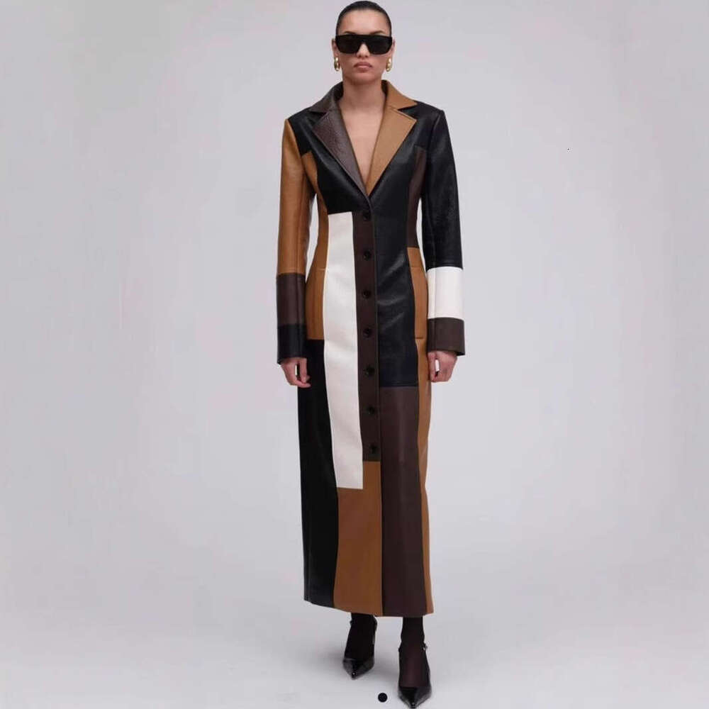 Halter Dress New Splicing Style Fashion Autumn Winter V Neck Women S Long Leather Dress Maxi Dress
