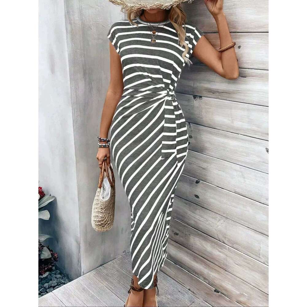 Buttock Dresses for Woman Party Bodysuit Robe 2025 Elegant Temperament Waist Strap Striped Round Neck Short Sleeved Long Dress Summer High-end Womens 