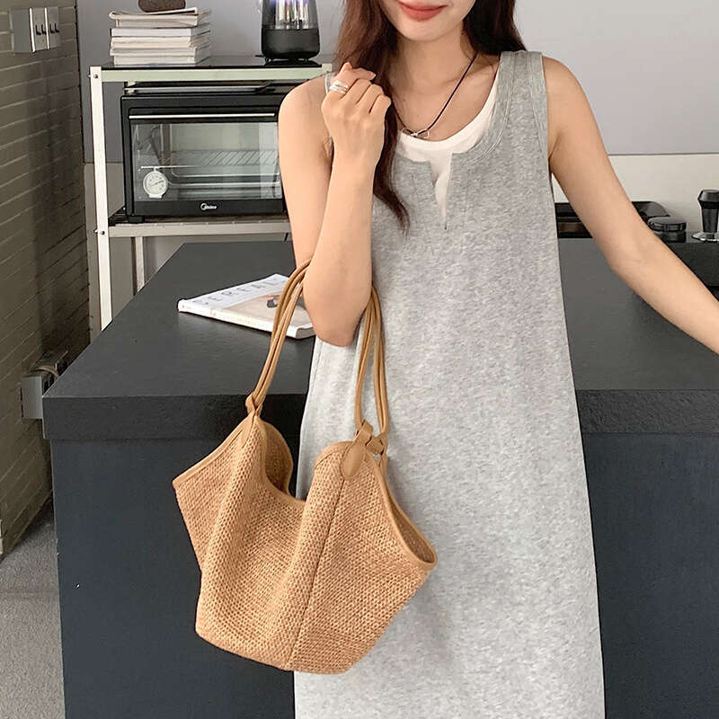 Women's Bags Designer French Summer Vacation Grass Woven Splicing Large Capacity Tote Dumpling Lazy Style Shoulder Bag