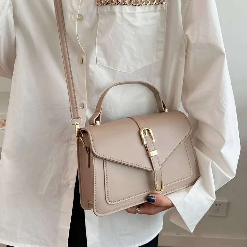 Fashionable Minimalist Crossbody Bag Top Handle And Flap For Women - Solid Color Square Purse With Simple Design