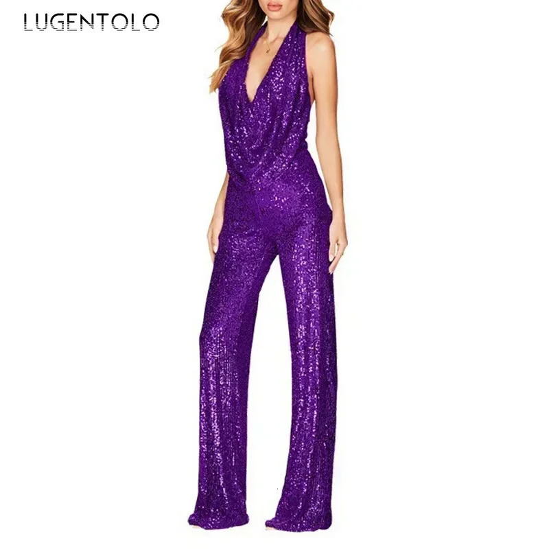 Sequins Sexy Jumpsuits Women Halter Fashion Summer Party Elegant Sleeveless Female High Waist Street Straight Rompers 250519