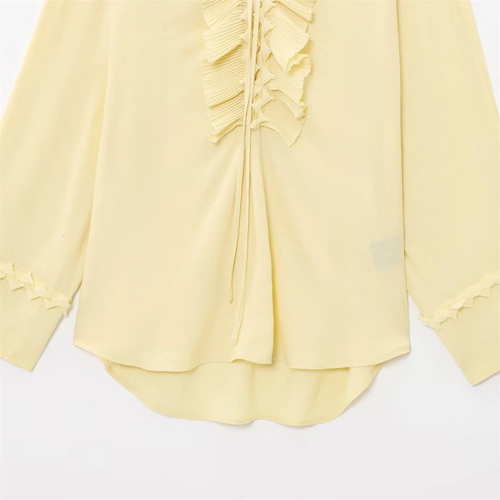 UNIZERA womens versatile solid color long sleeved shirt with ruffled edges and pleated temperament summer style 250520