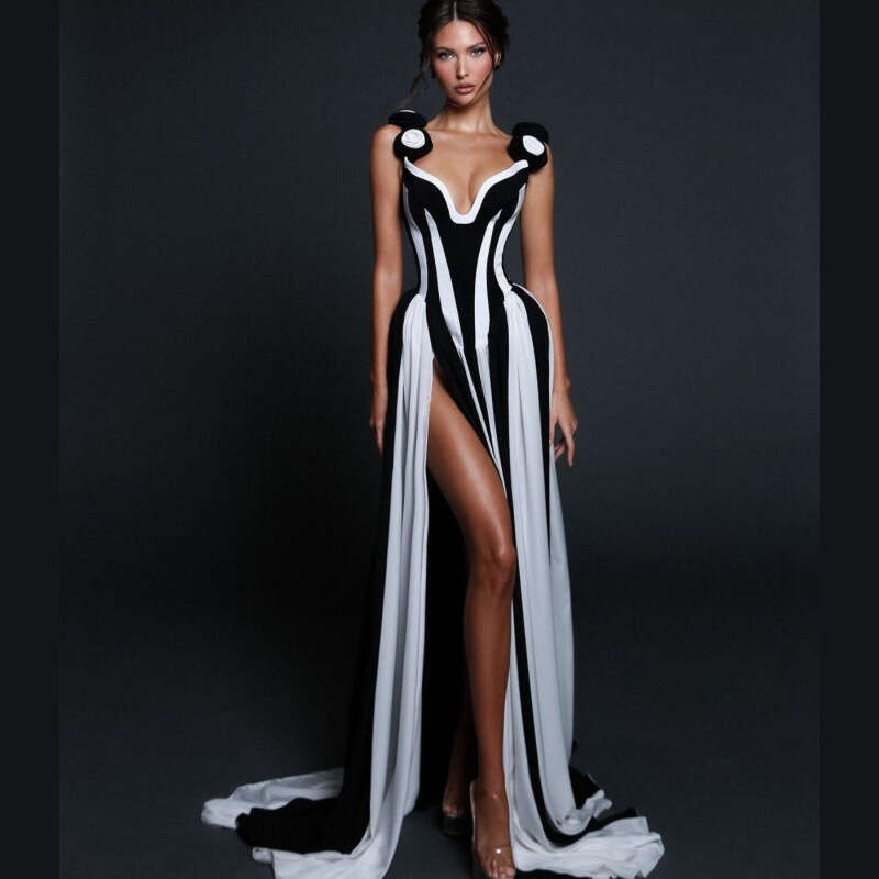 Halter Dress Three Dimensional Flower Sexy Deep V Black And White Striped Sleeveless Dress Elegant Temperament Party Vacation Gift Maxi Dress