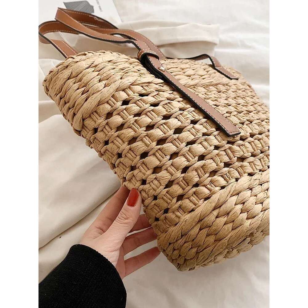 2025 Summer Handwoven Straw Beach Tote Bags For Women Vintage Hollow Out Handbag Basket Rattan Vacation Shoulder Bag
