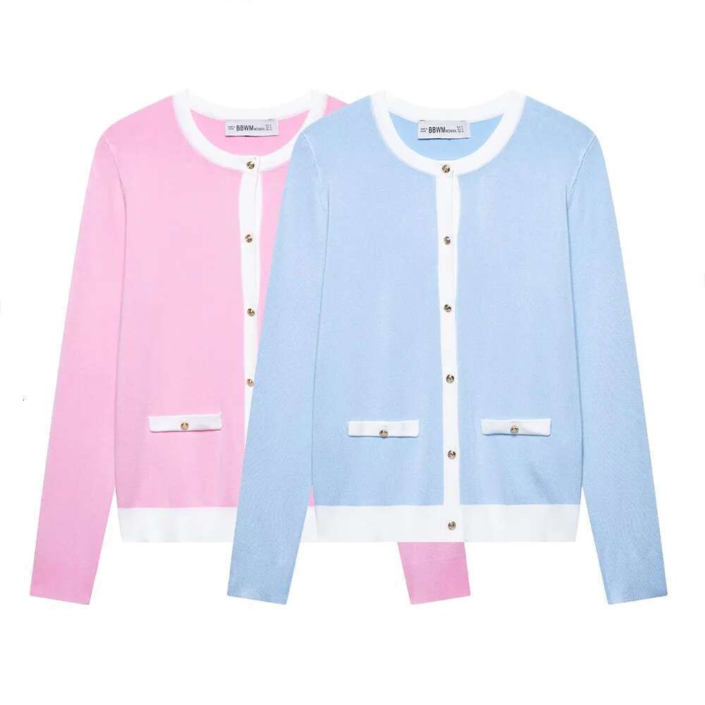 Office Lady Baby Blue Pink Two Color Round Neck Long Sleeves Single Breasted Women Slim Knit Cardigan Sweater ZATT 2025 Spring