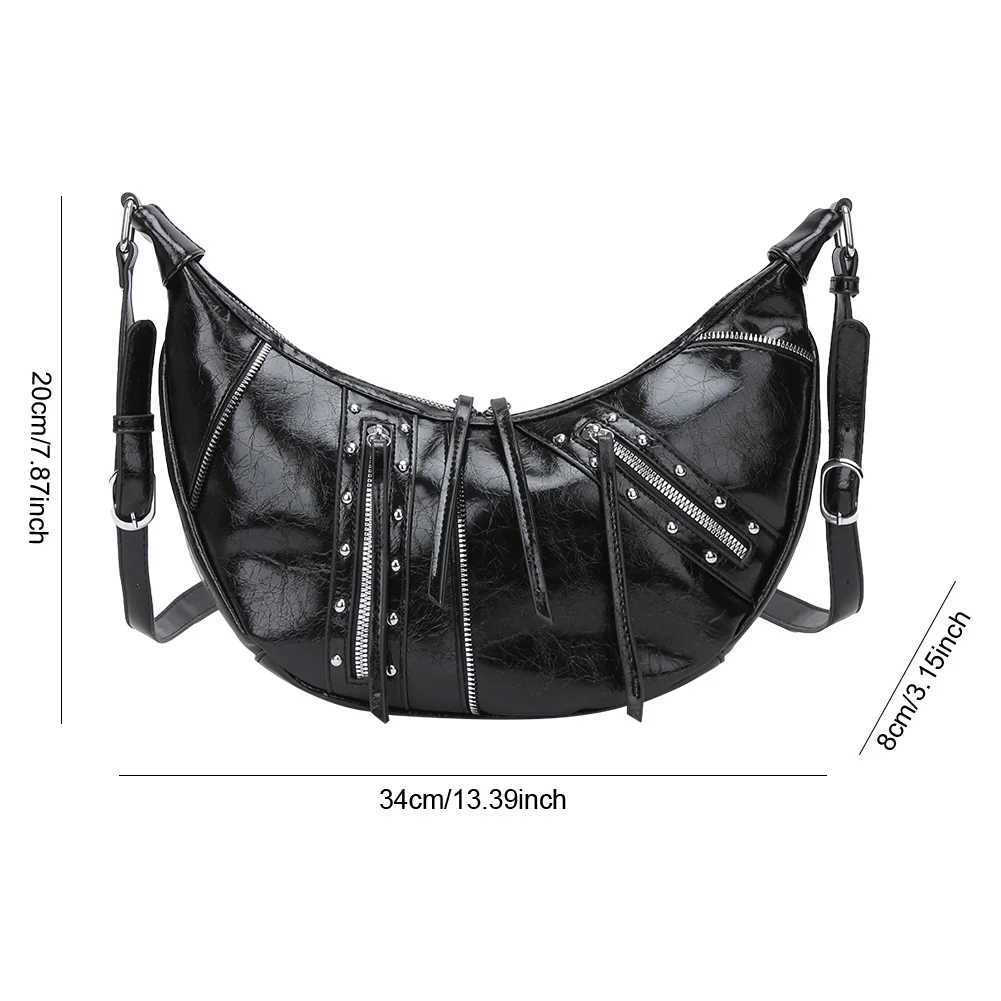 Women PU Leather Crossbody Bag Y2K Punk Crescent Bag with Inner Pocket Hobo Bag with Zipper for Work Travel M250520