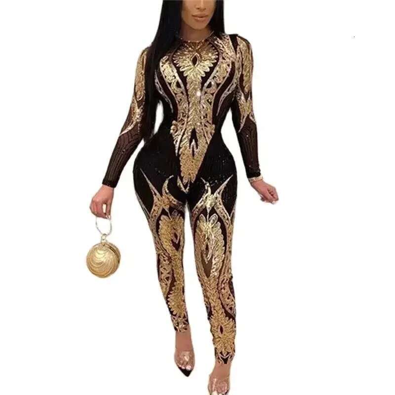 Fashion Patterned Sexy See-Through Jumpsuit Women Slim Fit Pencil Trousers Rompers Female Party Club Nightclubs One-Piece Pants
