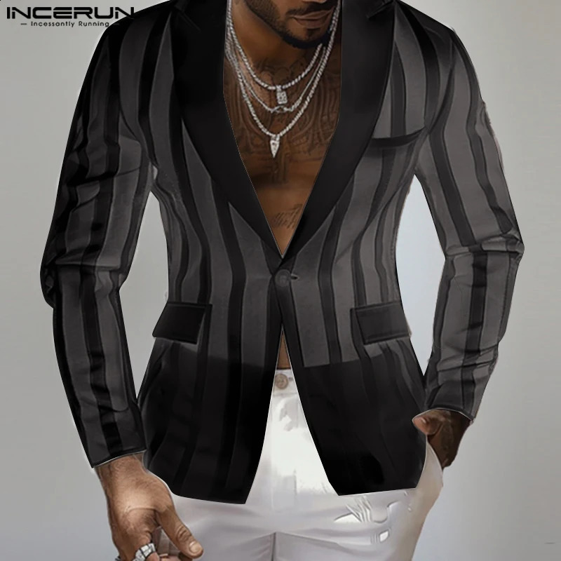 INCERUN Handsome Mens Tops See-through Striped Suit Coats Fashionable Male Selling Long Sleeved Blazer S-5XL 250519