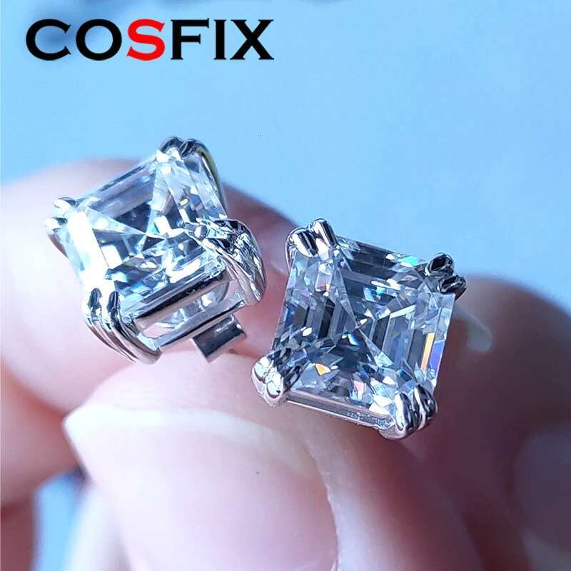 COSFIX Moissanite Stud Earrings for Women Luxury Men Moissanite Stud Earrings Asscher Cut D Color Womens Moissanite Earrings