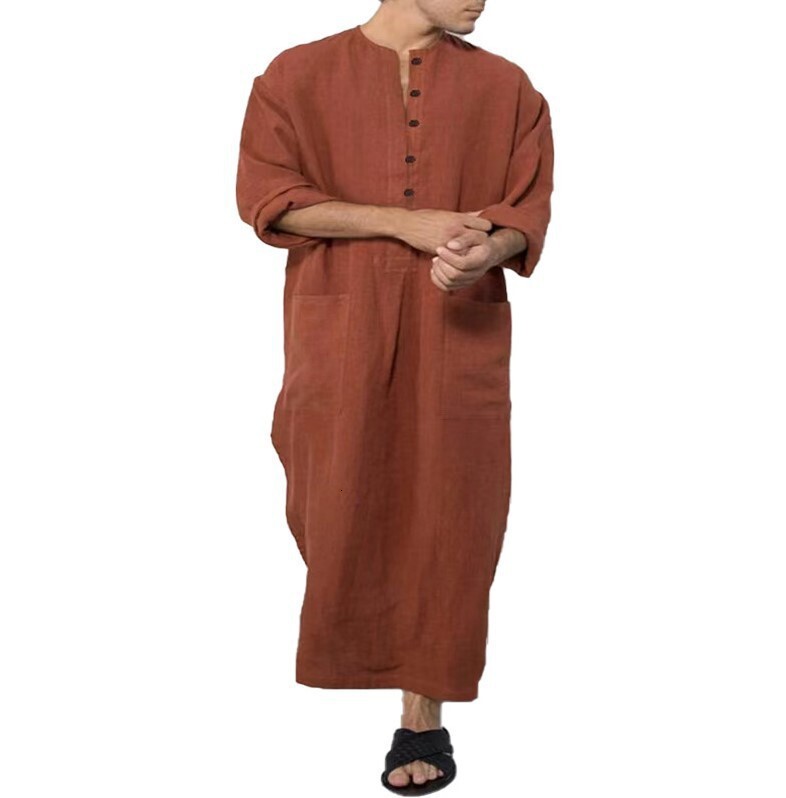 Designer Clothing Hot Selling Muslim Dubai New Men's Loose Stand Collar Portal Long Sleeve Ethnic Style Robe 2025 New Model