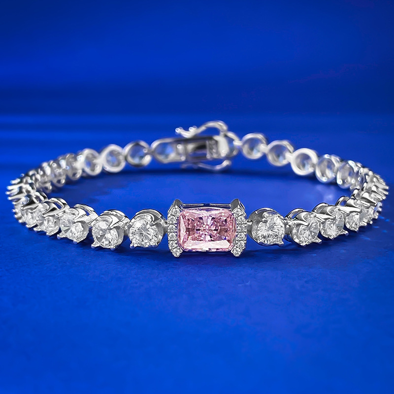 New S925 Silver Ice Flower Cut 6x8 Pink Diamond Inlaid Cluster Diamond Bracelet, Elegant Luxury Design
