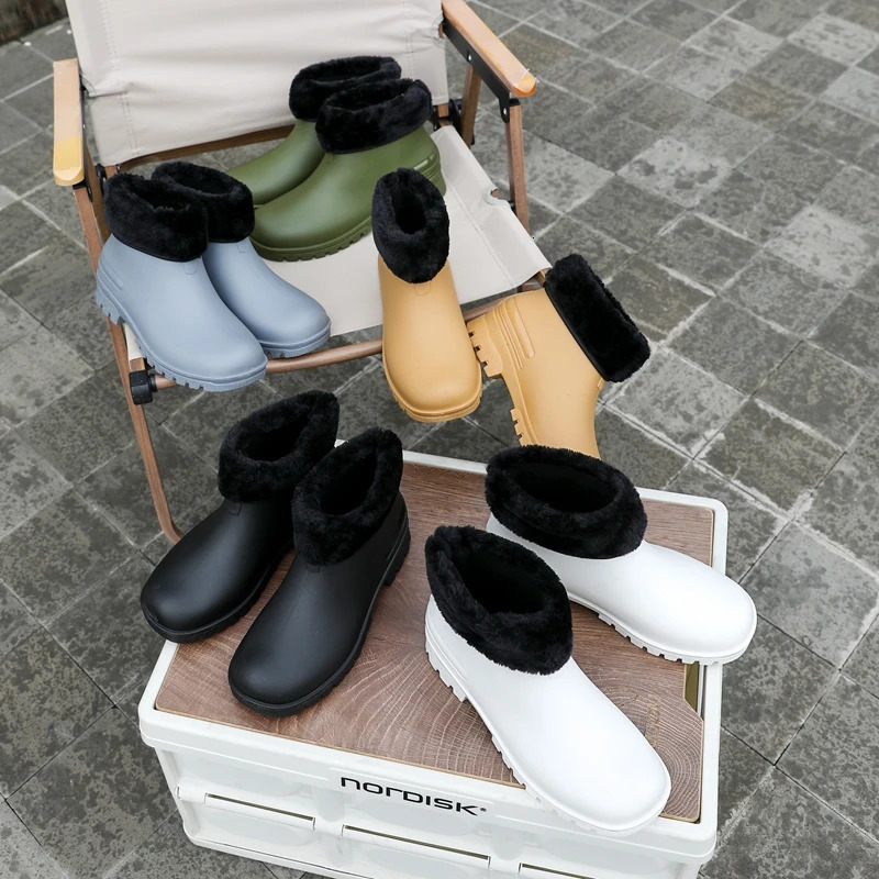 Rain Boots for Men and Women Waterproof Shoes Short Tube Non-slip Thick Sole Wear-resistant Warm Couple Camping Shoes 250515