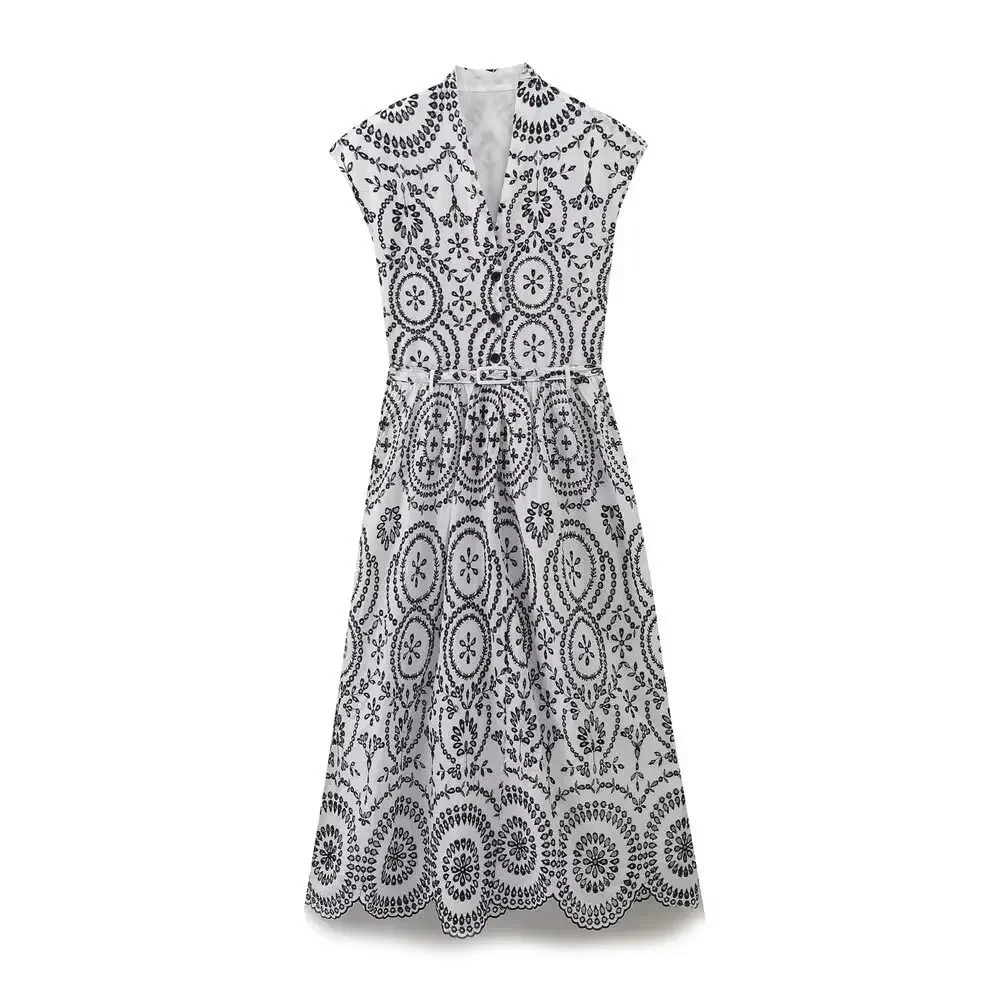 ZBZA Women ed Hollow Dress with Belt Vneck Sleeveless High Waist Singlebreasted Laceup Casual Summer 250520