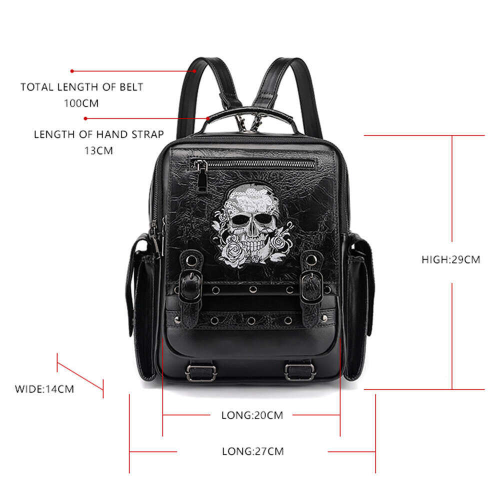 Gothic style large capacity women's backpack with skull embroidery, laptop bag, PU leather