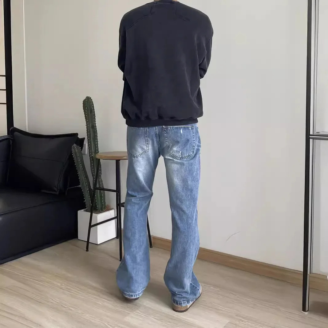 American Style Vintage Light Blue Wash Distressed Jeans Mens Clean Fit Mid Waist Hip Hop Slim Fit Denim Pants 250519