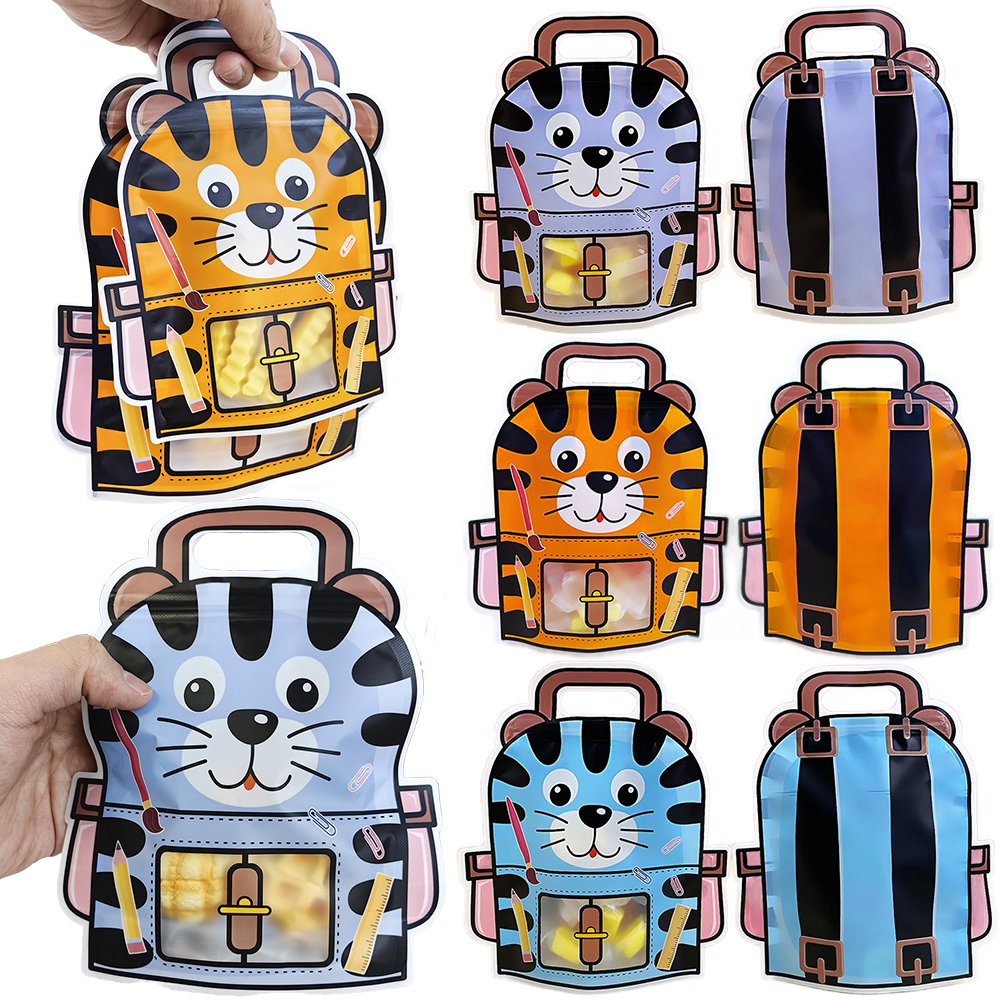 5/10/20/30pcs Cartoon Animals Tiger Shaped Backpack Goodie Bag with Handle Gift Bag Resealable Plastic Candy Bags for Birthdays