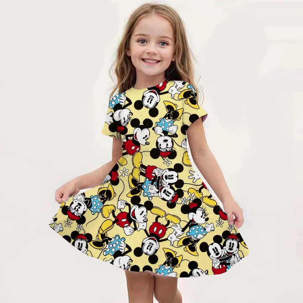 Disney Cartoon Minnie Mouse Printed Dress Girls Summer Fashion One-piece Dress Kids Daily Casual Short Sleeve Clothing Outfit W250520
