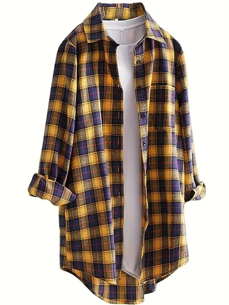 Plus Size 1XL5XL Women Shirt Casual Blouse Ladies Plaid Print Button Up Long Sleeve Turn Down Collar 250520