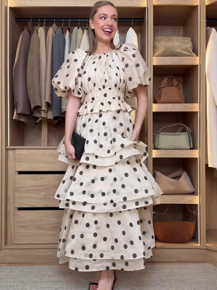 Chic Puffy Layered Ruffles Polka Dot Print Skirt Sets Women Elegant Oneck Bubble Short Sleeve Tops Suit lady Evening Partywear 250520