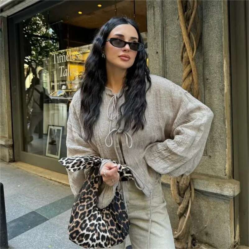 Woman's Vintage Bow Lace Up Jacket O-Neck Long Sleeves Tie Short Loose Blouse Coat Fall New Female Fashion Casual Outerwear