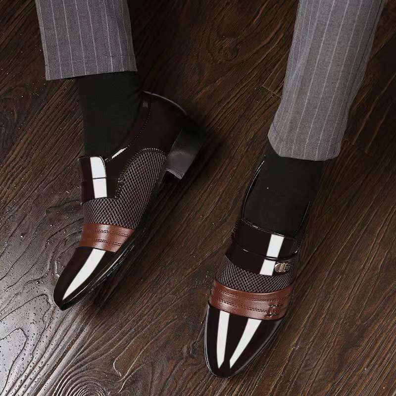 Large size formal leather youth Korean version black business casual British men's shoes summer breathable