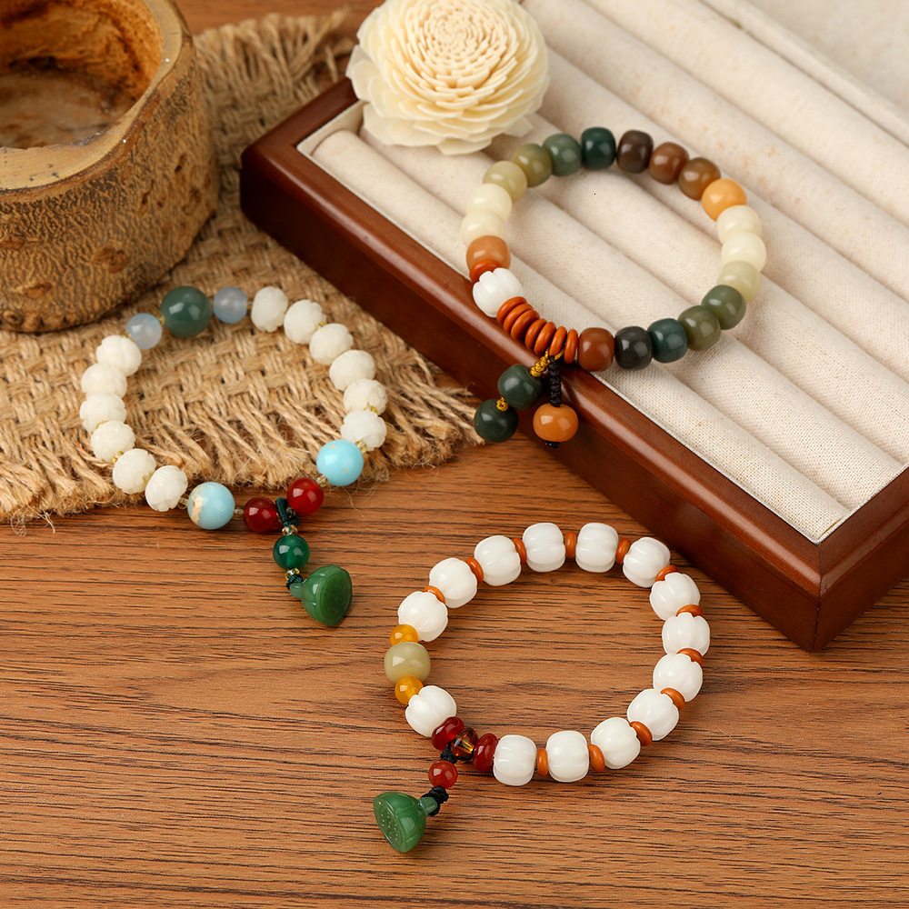 New Chinese White Jade Bodhi Root Hand String China-Chic Lotus Pendant Buddha Beads Bracelet Female Jewelry