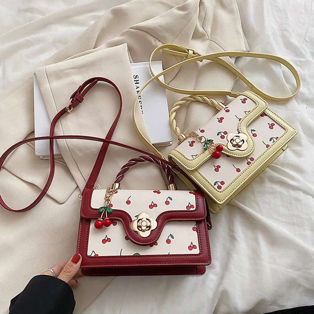 Women Square Chain PU Leather Sweet Crossbody Adjustable Strap Cherry Pattern Sling Ladies Outdoor Bag